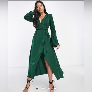 ASOS Design bias cut satin wrap dress with tie waist in forest green • Sz 10